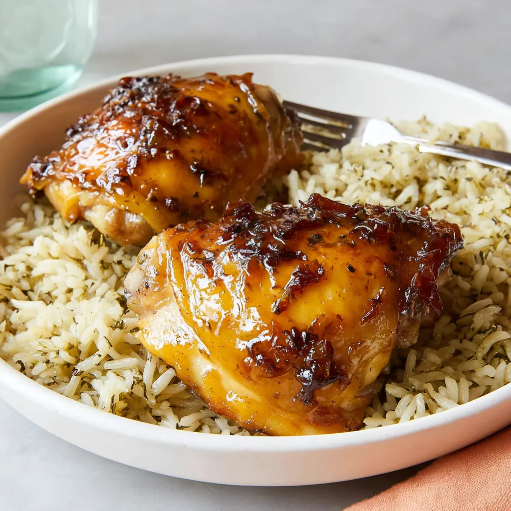 Ein weißer Teller mit zwei gekochten Hühnchenbrusten und Reis.