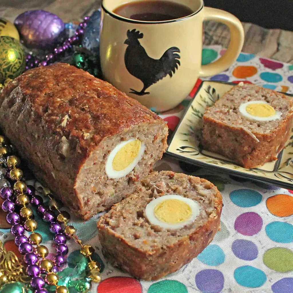 Eine Tasse Kaffee mit einem Chicken-Design-Mug, auf dem eine Scheibe Eier-Brotchen liegt.