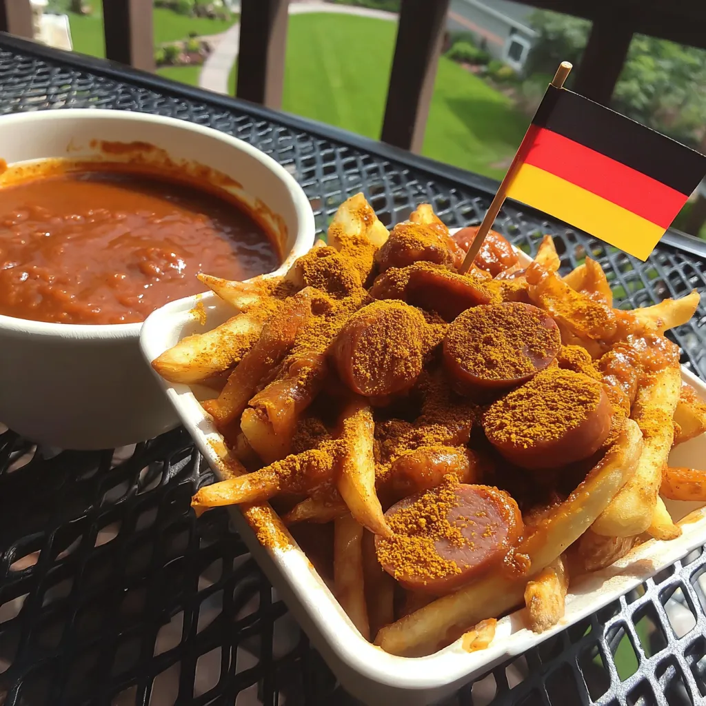Ein weißer Teller mit Fritten und Ketchup auf einem Balkon.