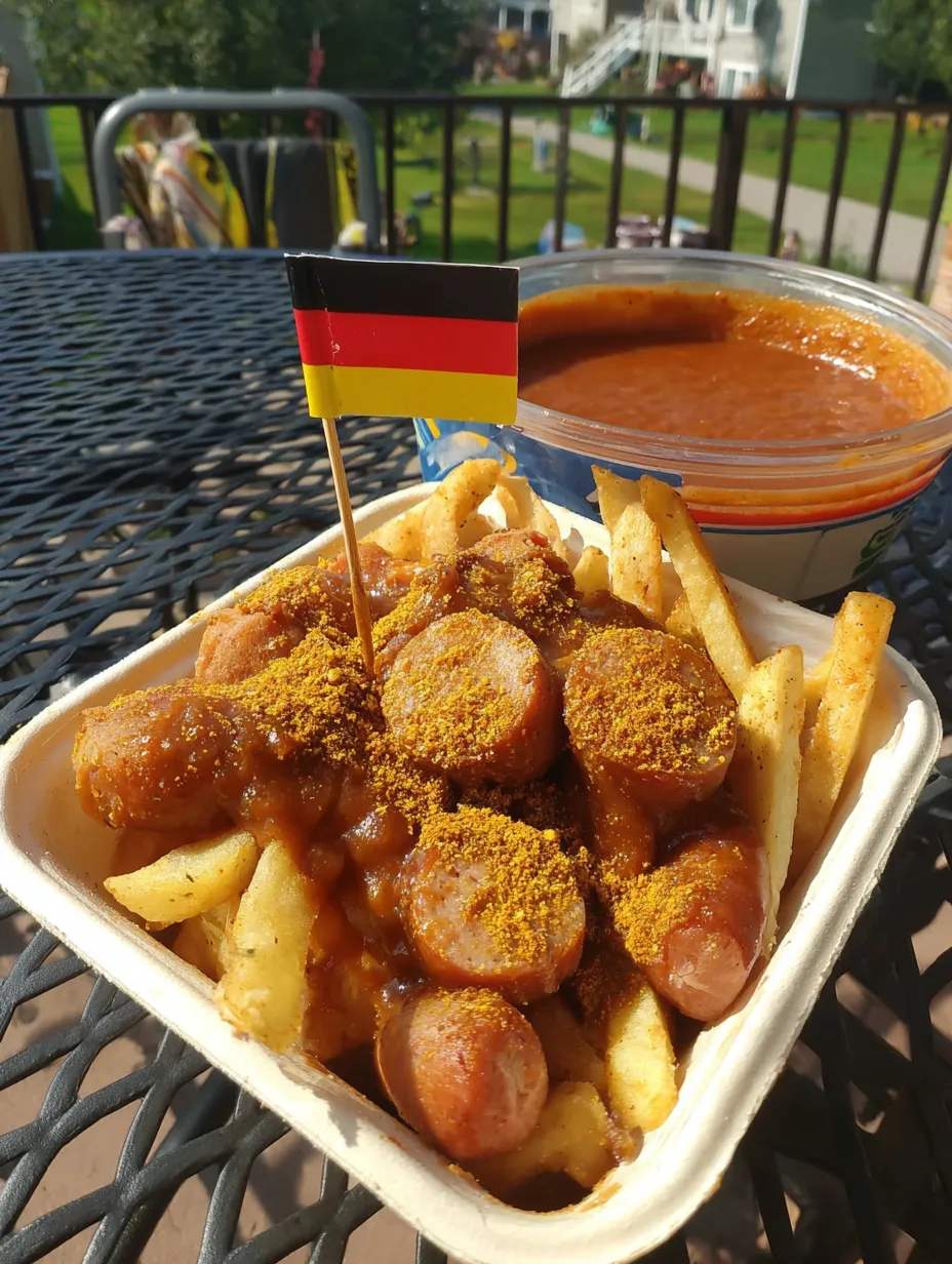 Ein deutsches Flaggenstäbchen in einem Friesbecher mit Fritten und Ketchup.