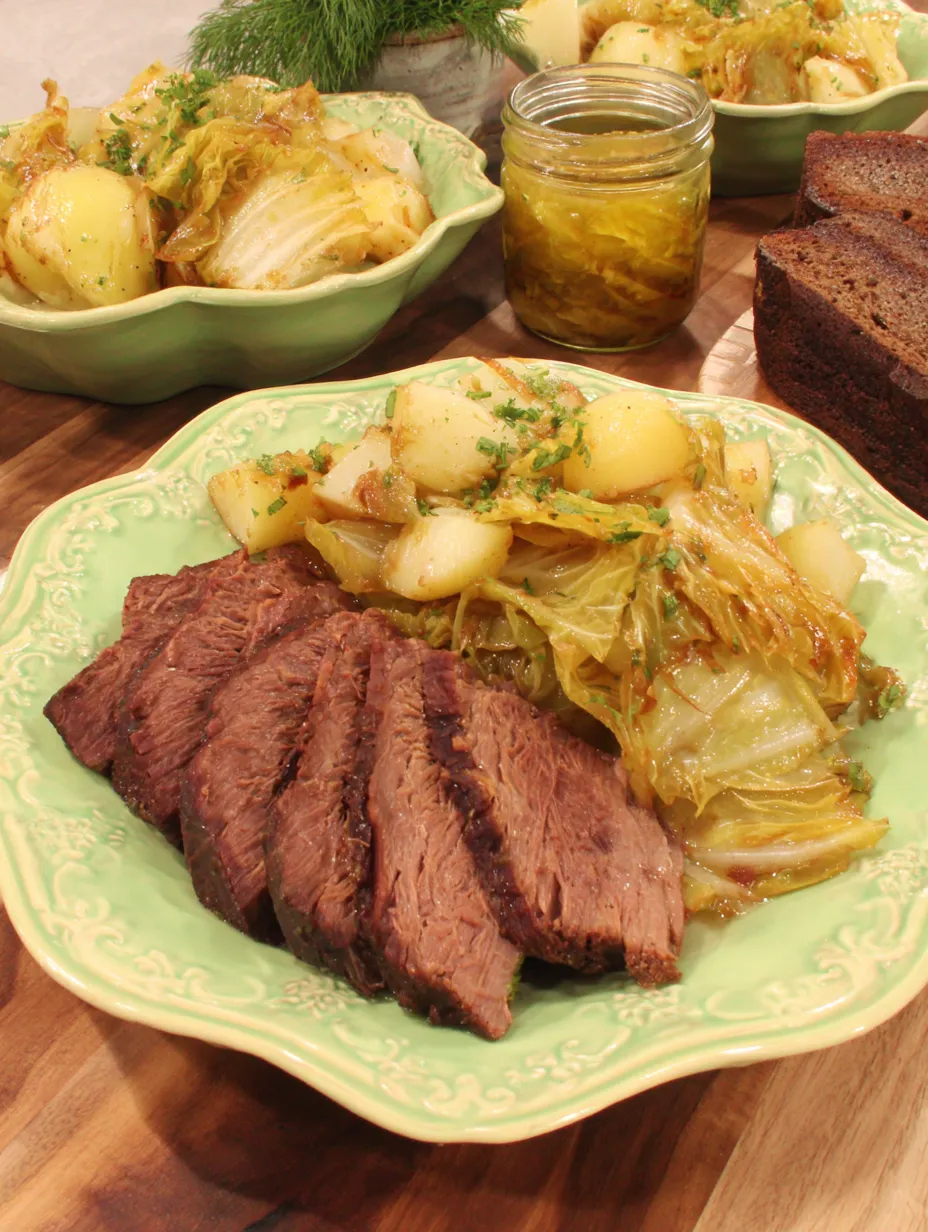 Ein gr&uuml;nes Gem&uuml;se auf einem Teller, das mit Fleisch und Sauce garniert ist.