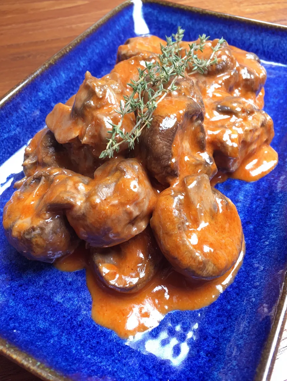 Eine Platte mit einer Mischung aus Fleisch, Mushrooms und Sauce.