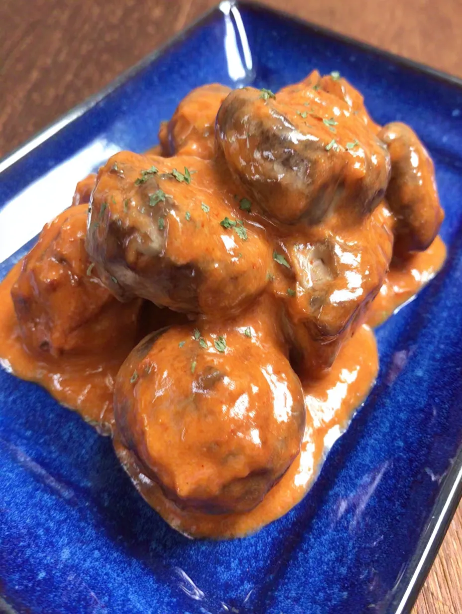 Eine Platte mit möglicherweise Mushrooms oder Meatballs, die in einer Sauce oder Gravy getaucht sind.