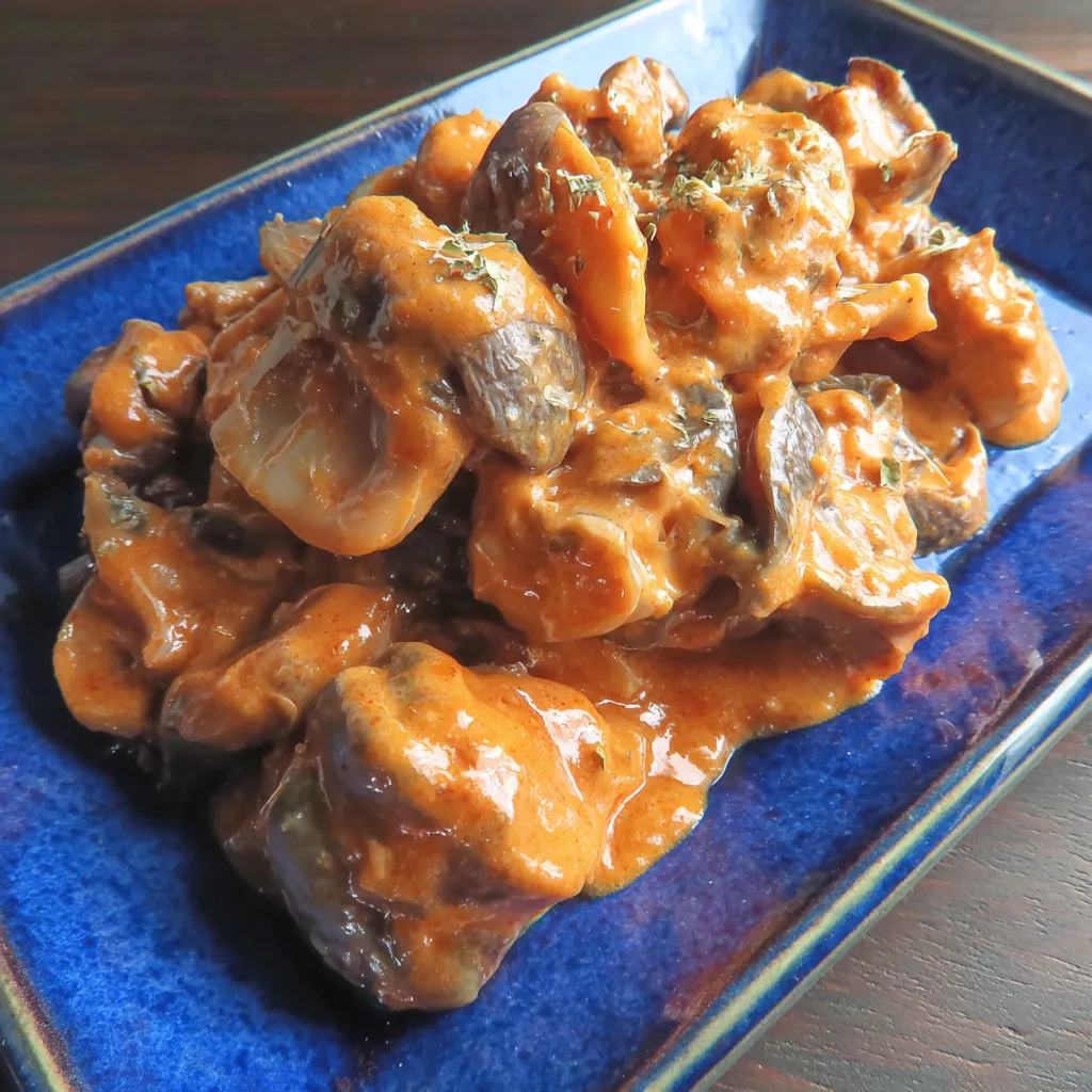 Eine Platte mit einer Mischung aus Fleisch und Gemüse, die in einer Sauce serviert wird.