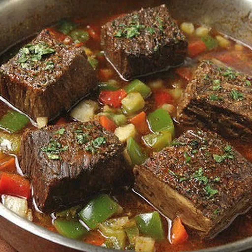 Ein Topf mit einer Mischung aus Fleisch, Zwiebeln und Karotten.