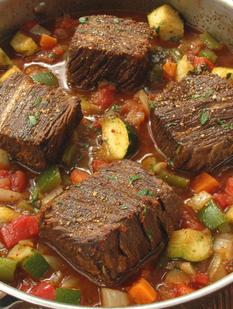 Eine Schüssel mit Rindfleisch, Zucchini, Karotten, Paprika und Tomaten.