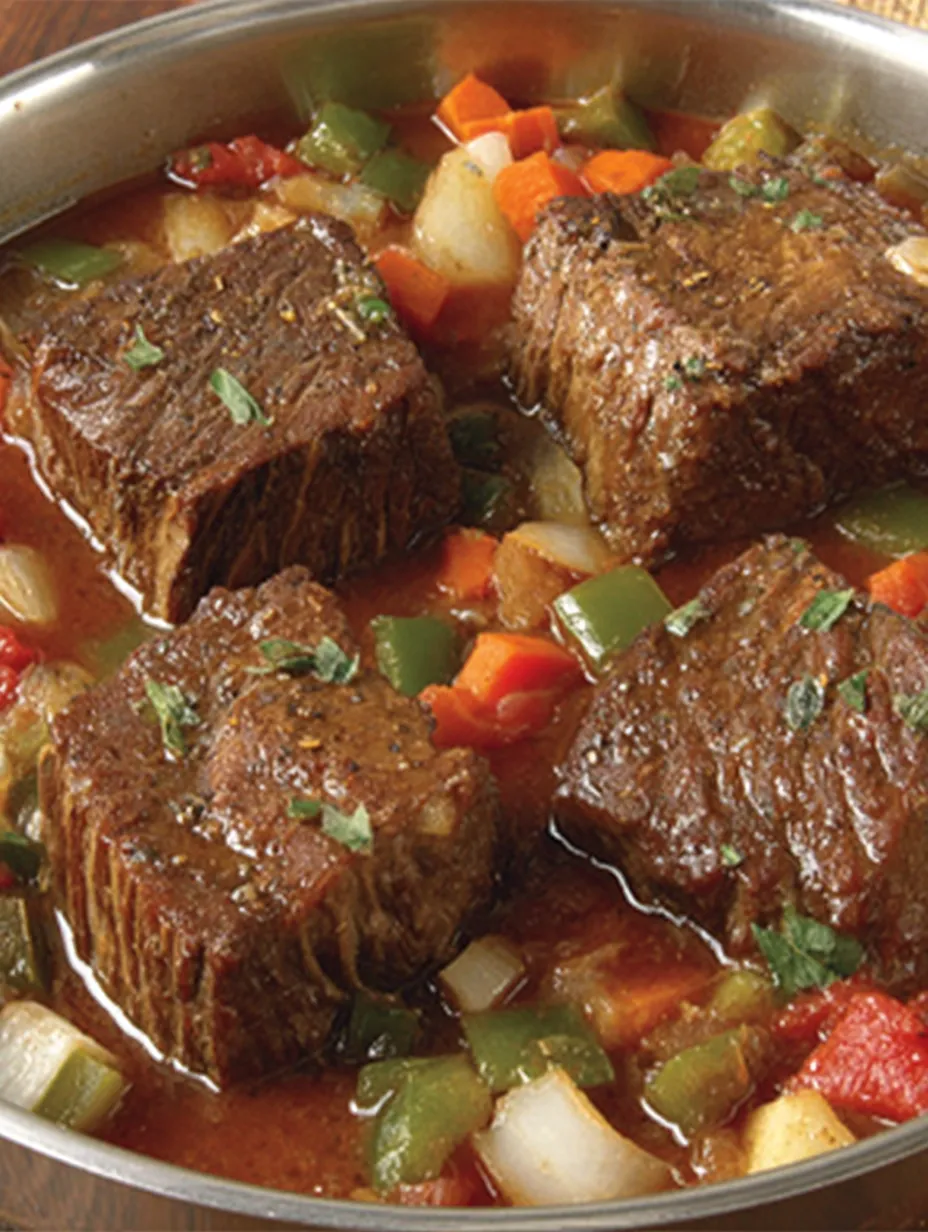 Eine Schüssel mit Rindfleisch, Zwiebeln und Karotten.