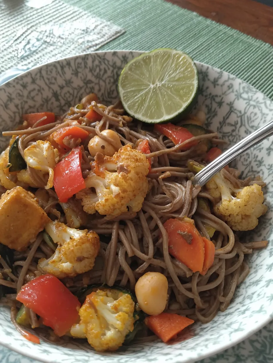 Ein weißer Teller mit einer Mischung aus Nudeln, Gemüse und Zwiebeln.
