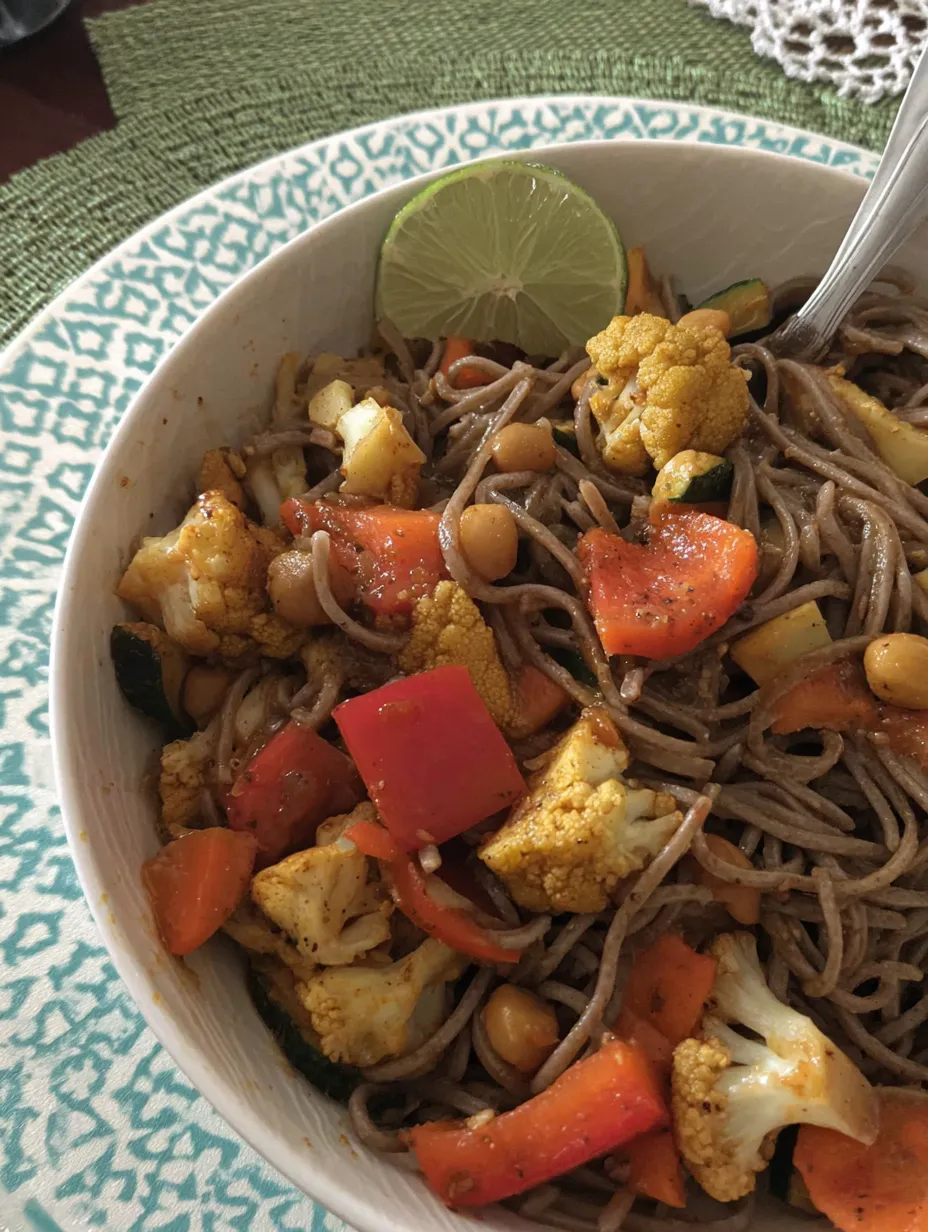Ein weißer Teller mit einer Mischung aus Nudeln, Käse, Zwiebeln, Tomaten, Karotten, Linsen und einer grünen Zwiebel.