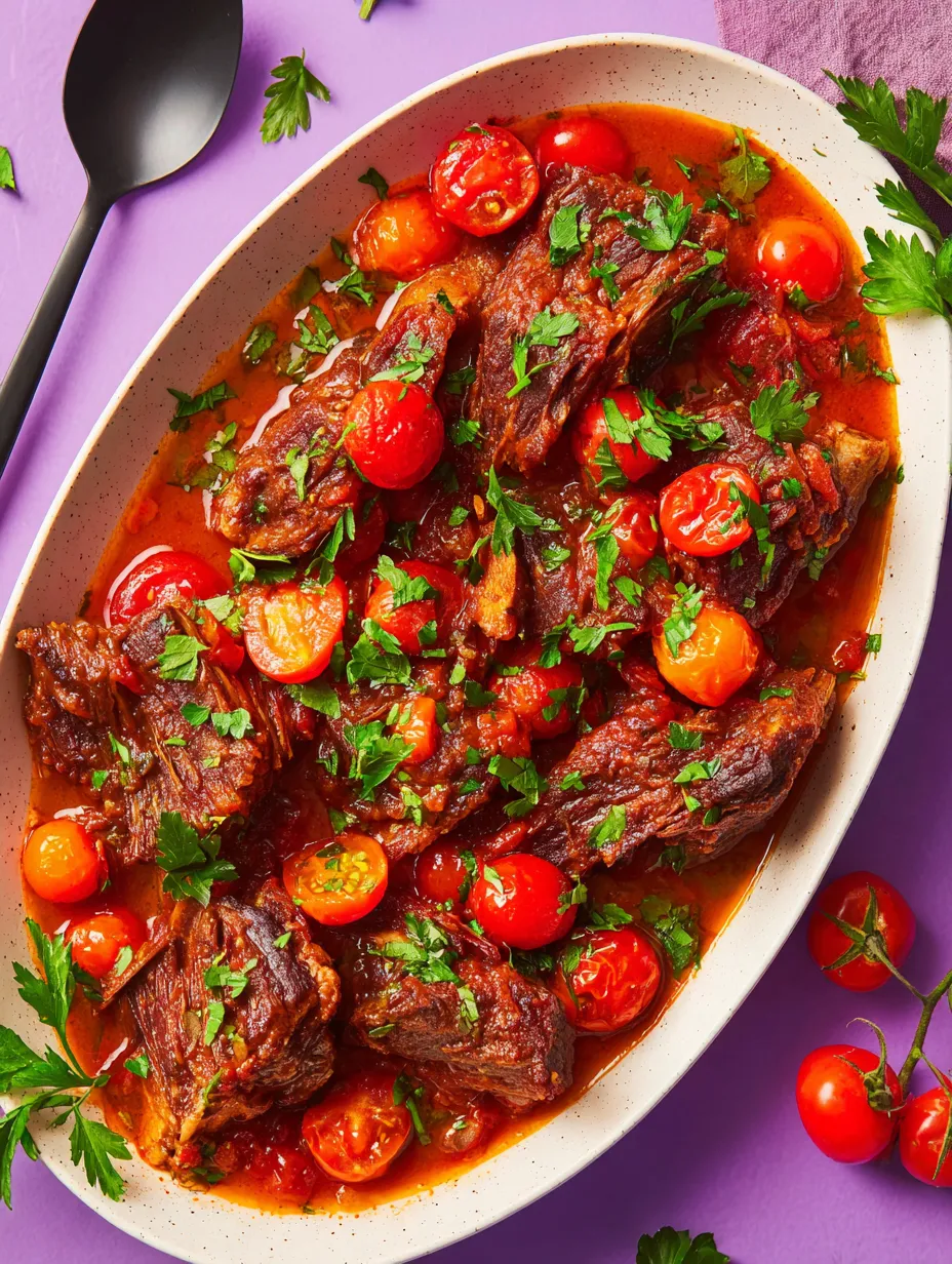 Ein Schüssel mit Fleisch und Tomaten.