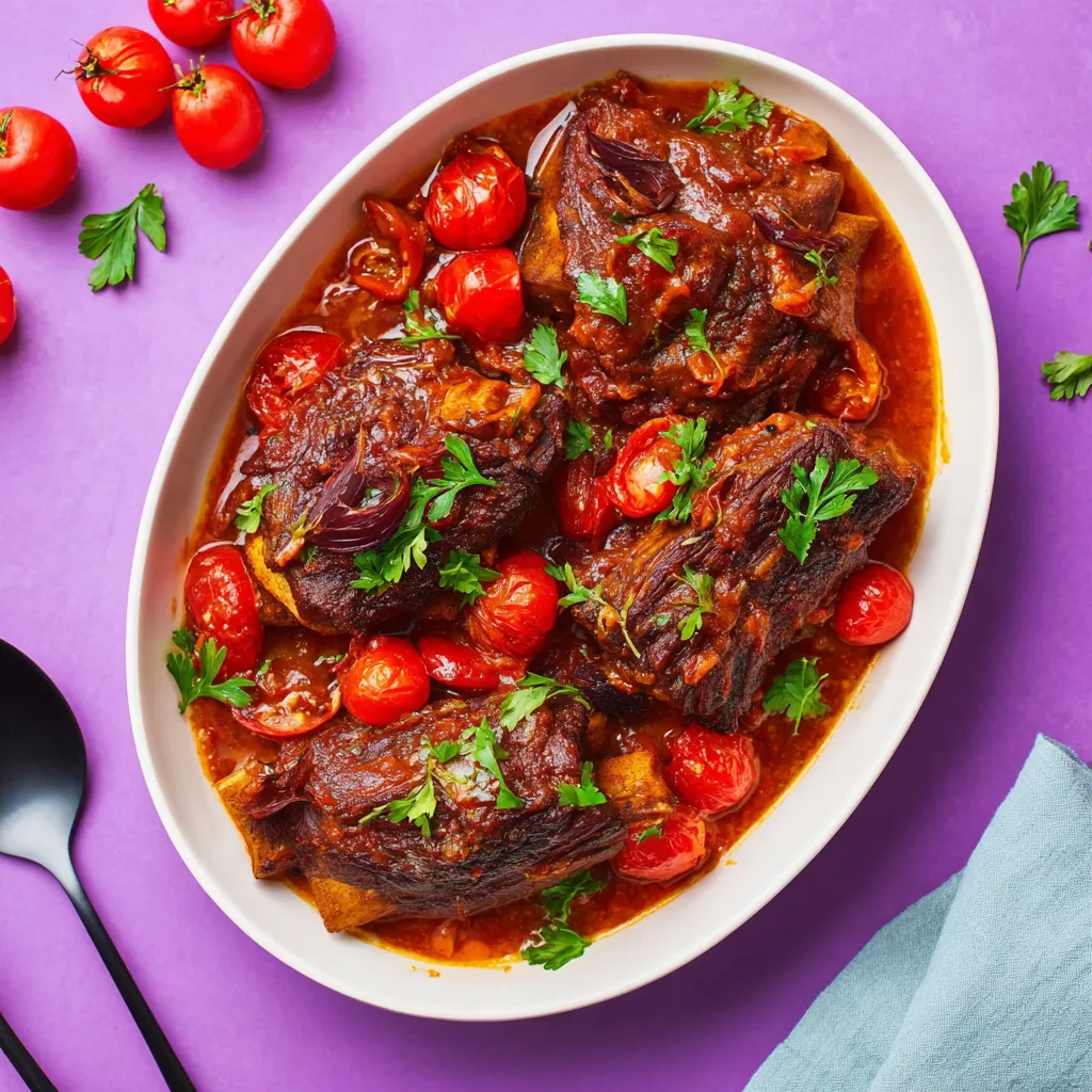 Ein weißer Teller mit einer Mischung aus Fleisch, Tomaten, Zwiebeln und Sauce.