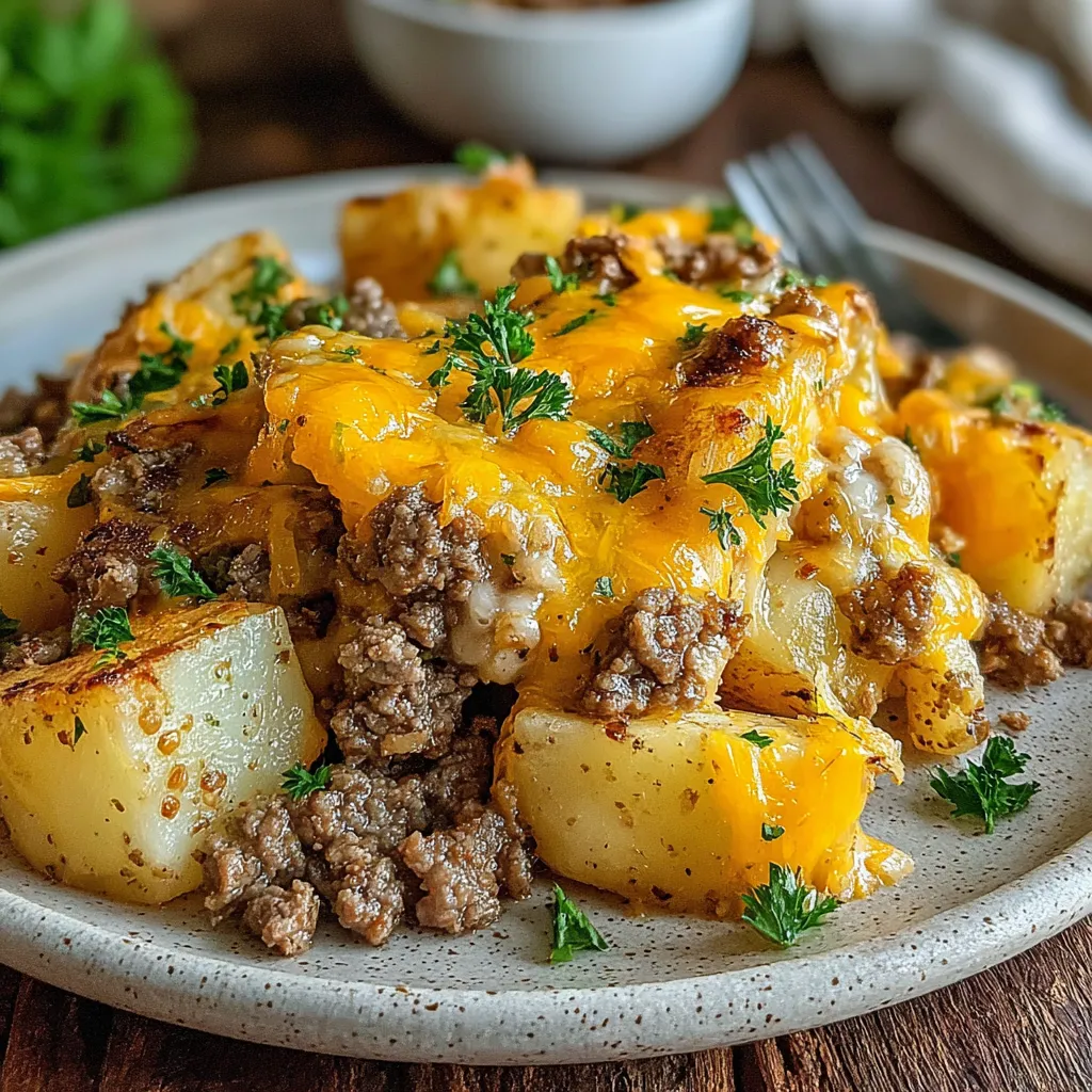 Ein Plate mit Kartoffeln und Rindfleisch.
