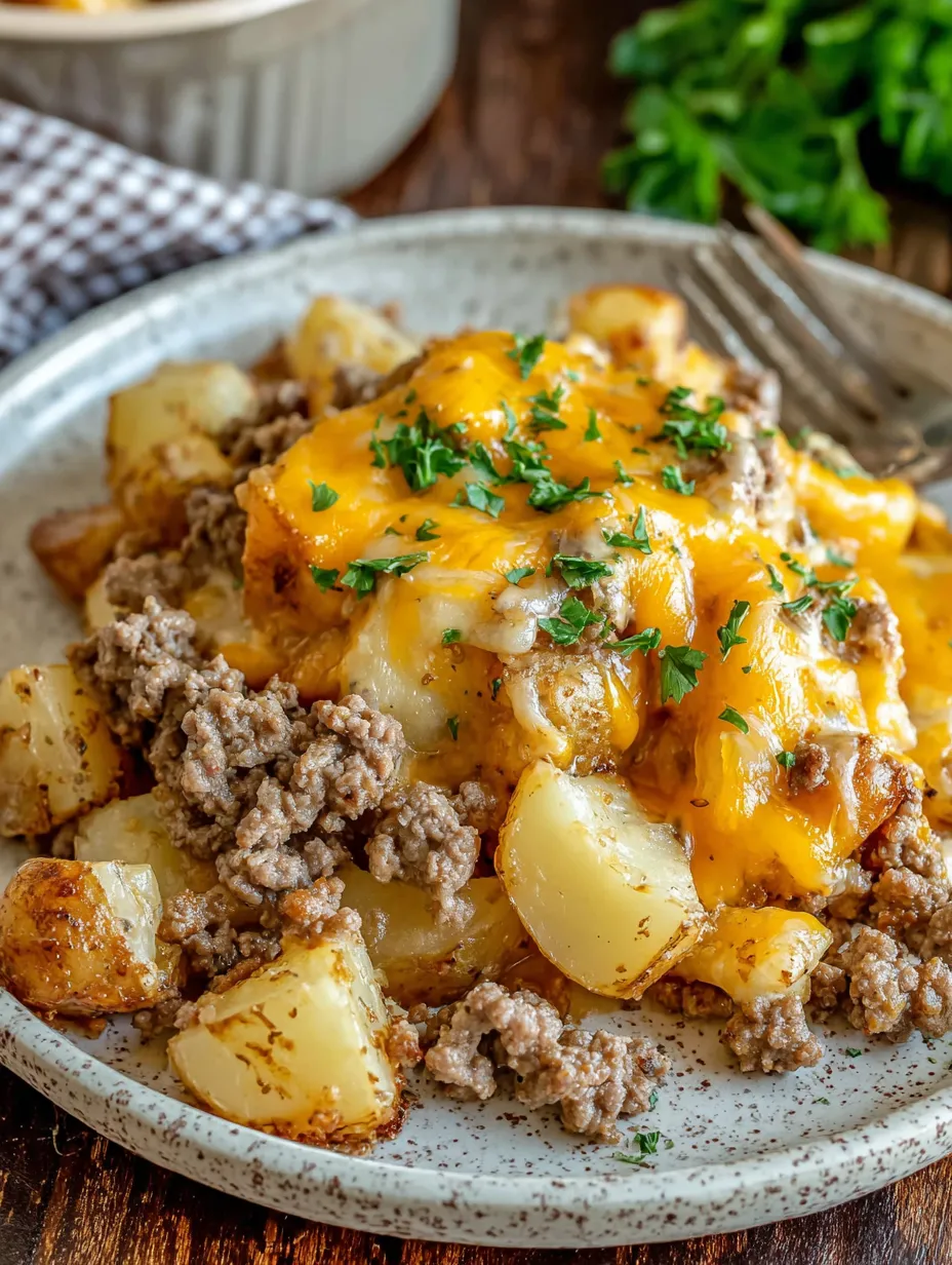 Ein Plate mit Kartoffeln und Rindfleisch, garniert mit Zwiebeln und Parsley.