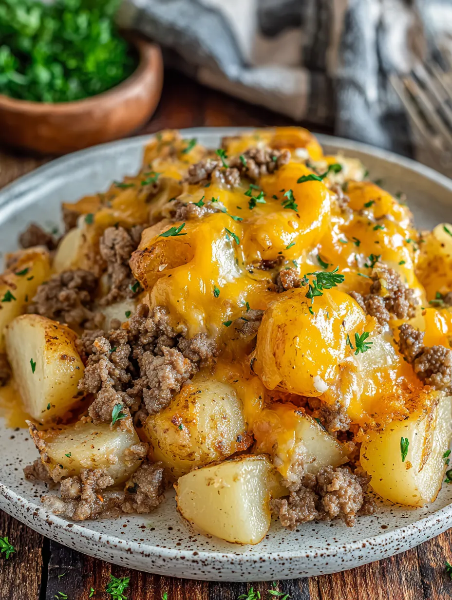 Ein Plate mit Kartoffeln und Rindfleisch, garniert mit Zwiebeln und Knoblauch.