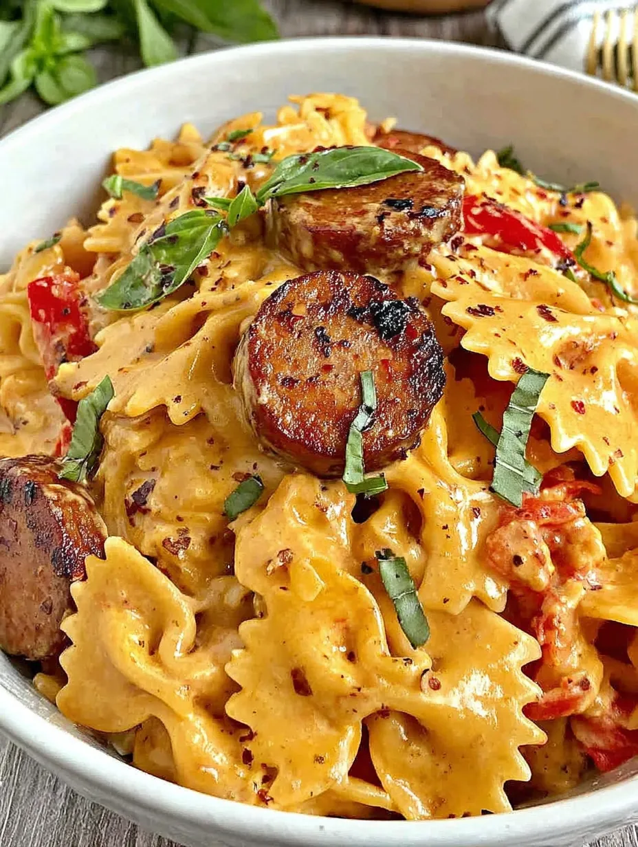 Ein wei&szlig;er Teller mit Pasta, Sausage, Tomaten, Zwiebeln und Knoblauch.