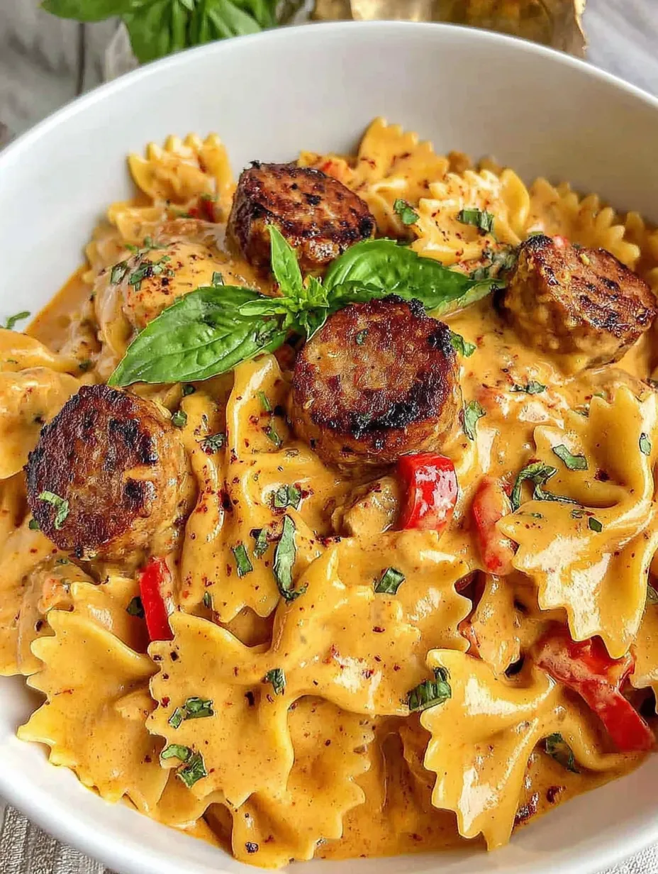 Eine Sch&uuml;ssel mit Pasta, Sausage und Tomaten.