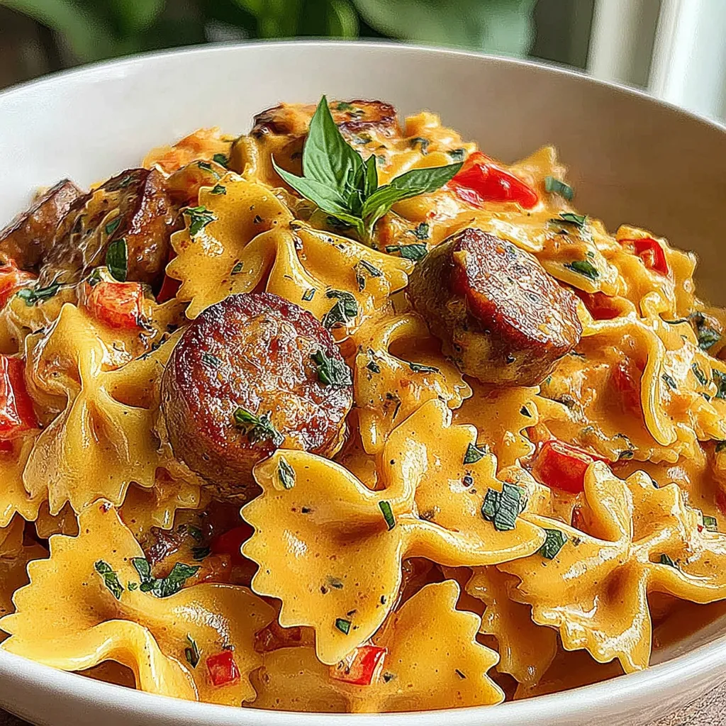 Ein weißer Teller mit Pasta, Sausage, Tomaten, Paprika und Basilikum.