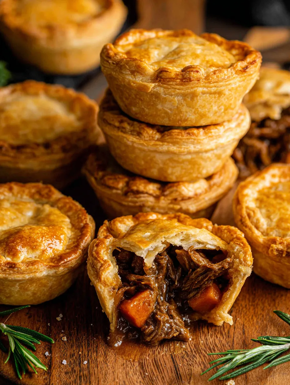 Ein Bild von sechs kleinen Beef and Onion Pies auf einem Tisch.