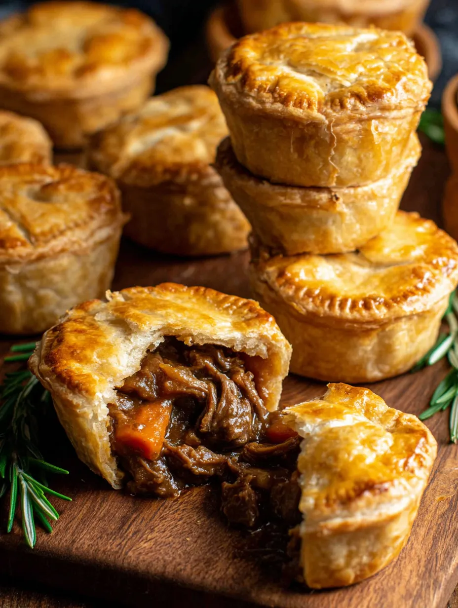 Ein Bild zeigt eine Tasse mit sechs Mini-Pasteten auf einem Tisch. Jeder Pastet hat eine unterschiedliche Füllung.