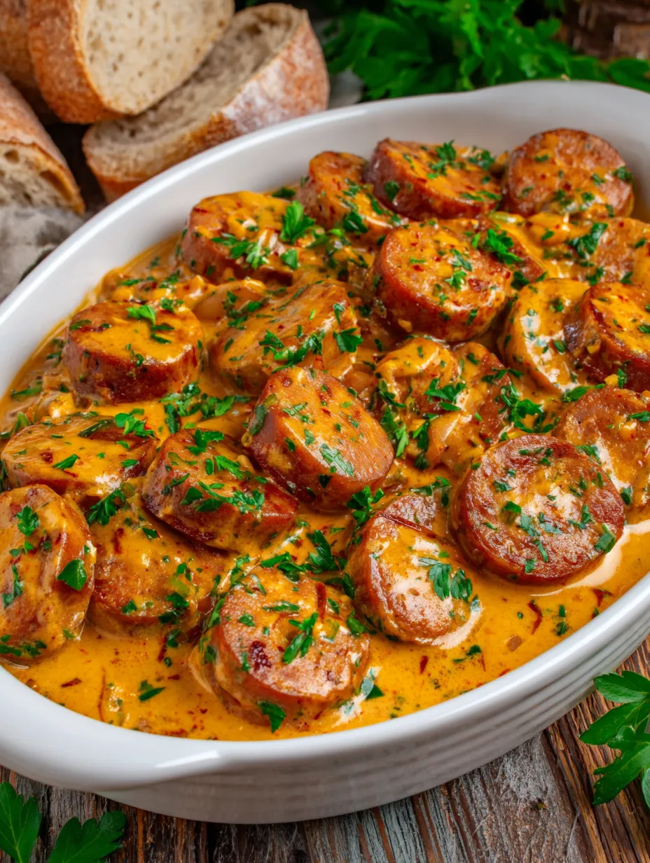 Ein weißer Teller mit einer saurem, kräftigen Sauce, die Sausage und Zwiebeln enthält.