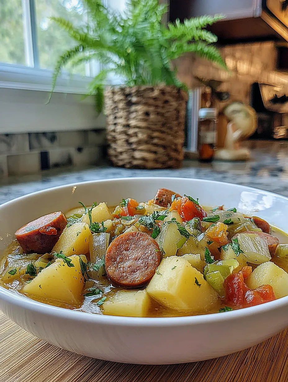 Ein wei&szlig;er Teller mit einer Mischung aus Gem&uuml;se, Kartoffeln und Wurst.