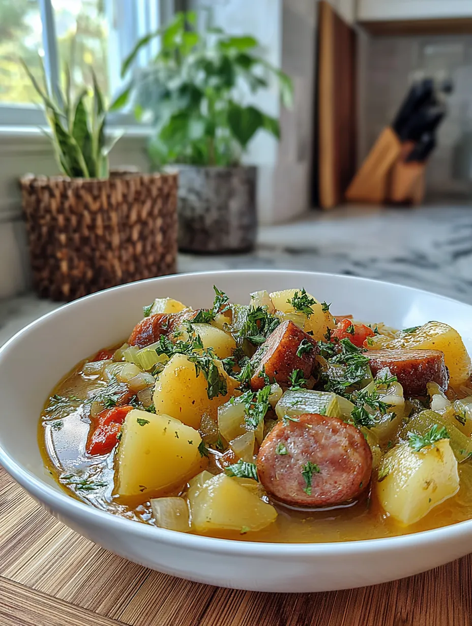 Ein wei&szlig;er Teller mit einer Mischung aus Gem&uuml;se, Zwiebeln und Wurst.