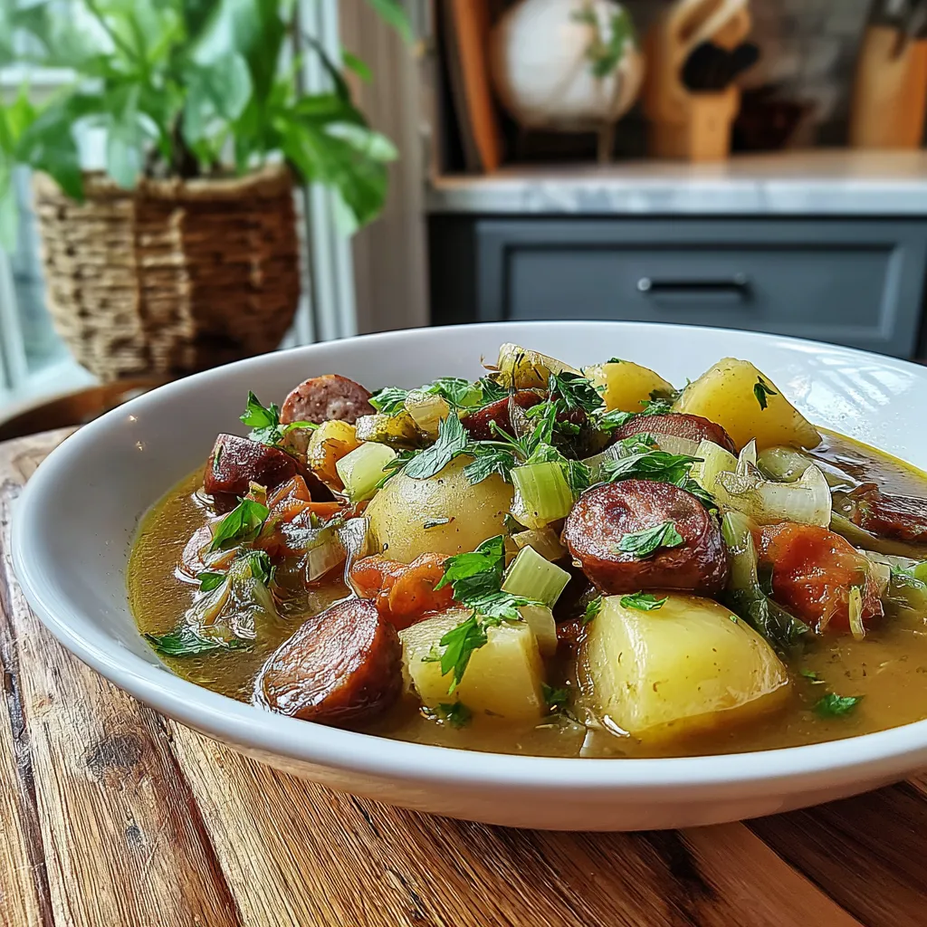 Ein weißer Teller mit einer Mischung aus Gemüse, Fleisch und Kartoffeln.