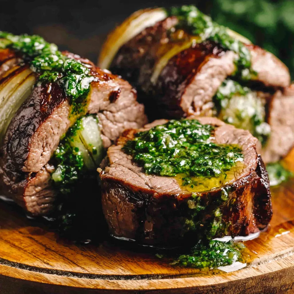 Ein Stück Rindfleisch mit grünem Zwieback auf einem Holzblock.