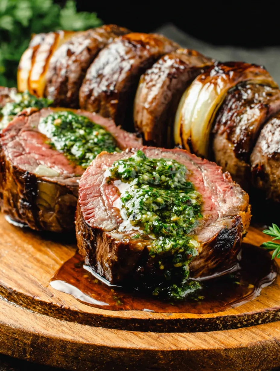 Eine prägnante Bildbeschreibung auf Deutsch lautet: "Ein Stück Rindfleisch mit Sauce auf einem Holzblock.