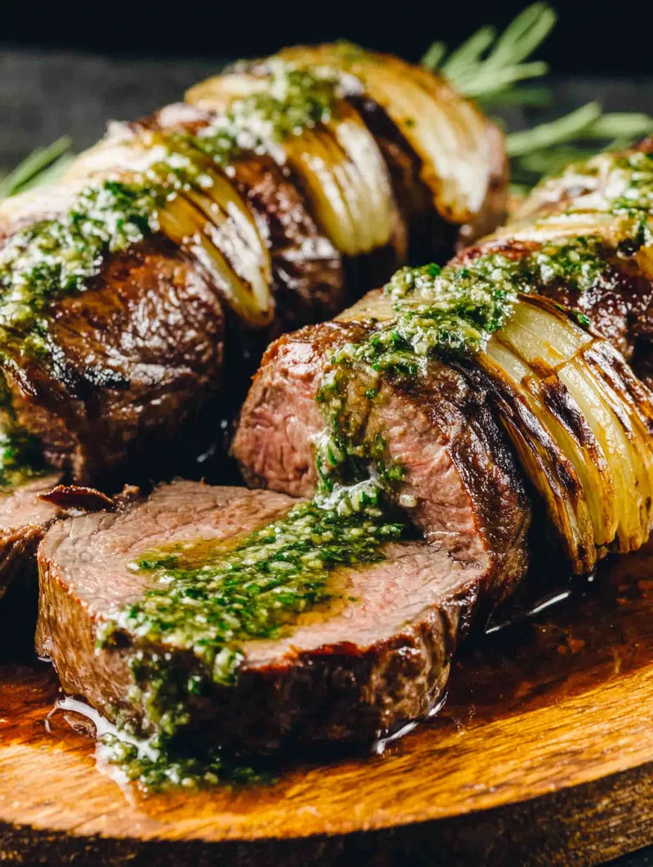 Eine Tafel mit gegrilltem Fleisch, das mit Parsley und Zwiebeln garniert ist.