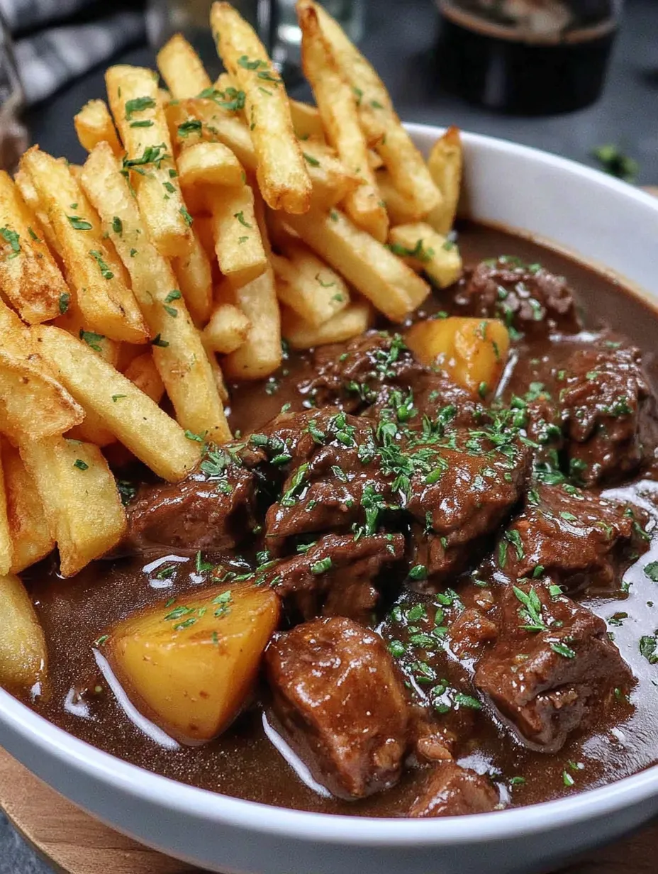 Ein Schüssel mit Steak, Fritten und Sauce.