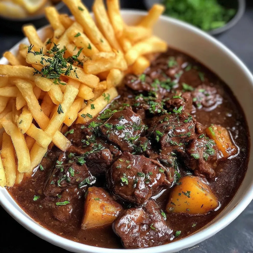 Ein weißer Teller mit einer Mischung aus Fleisch, Kartoffeln und Fritten.