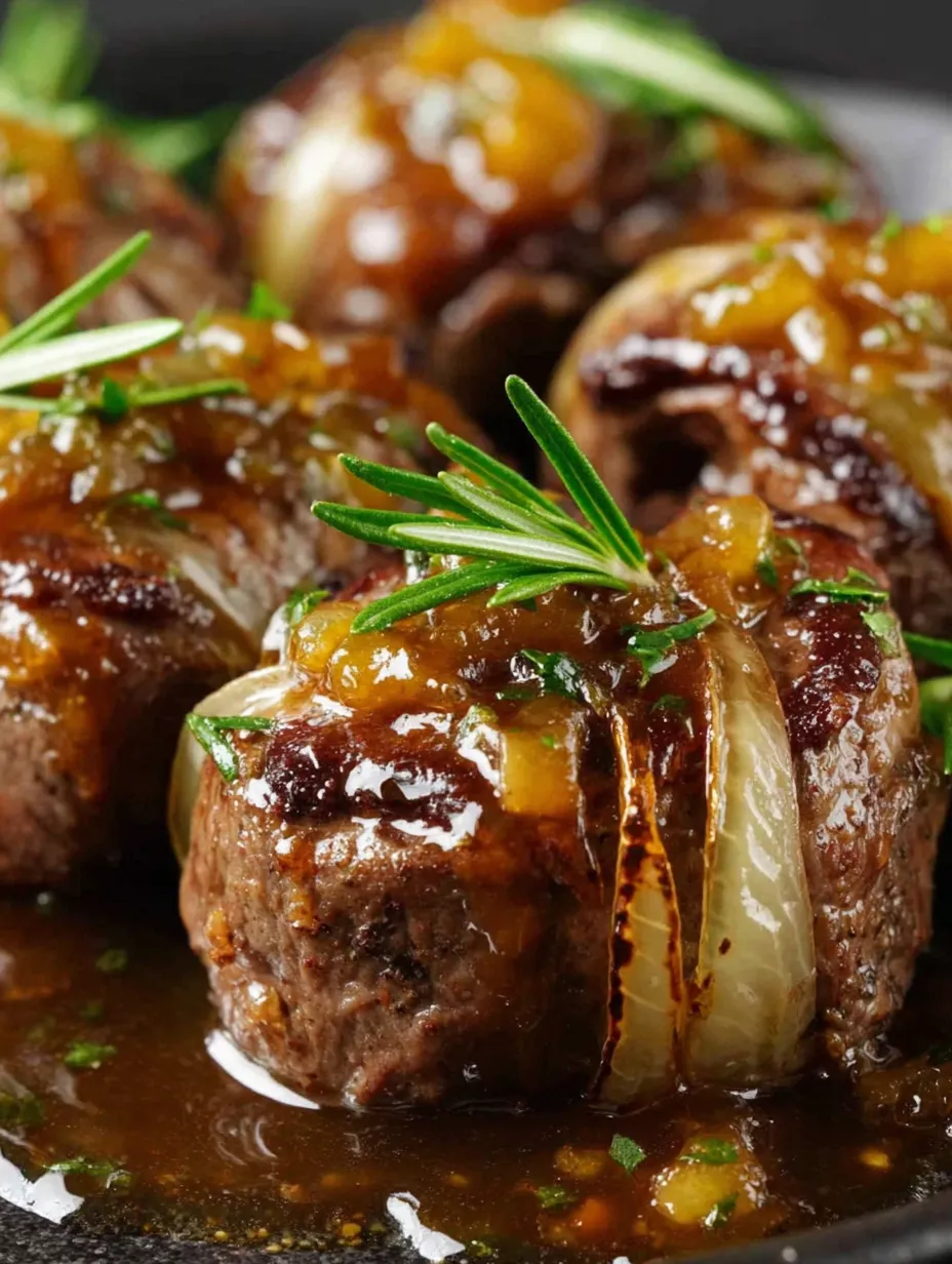 Meatballs mit Sauce und Zwiebeln.