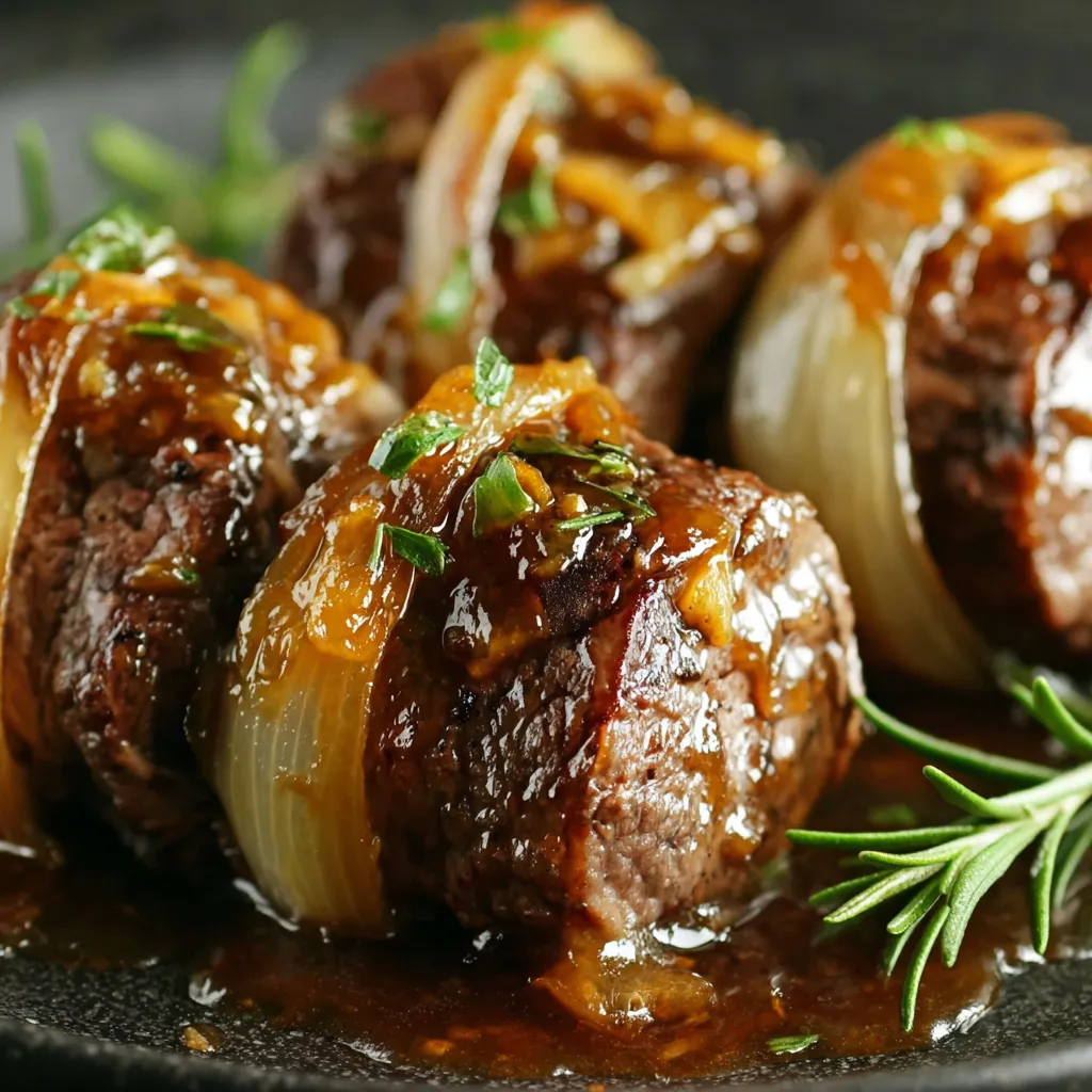 Eine Schüssel mit gegrillten Steaks, die mit Sauce und Zwiebeln garniert sind.