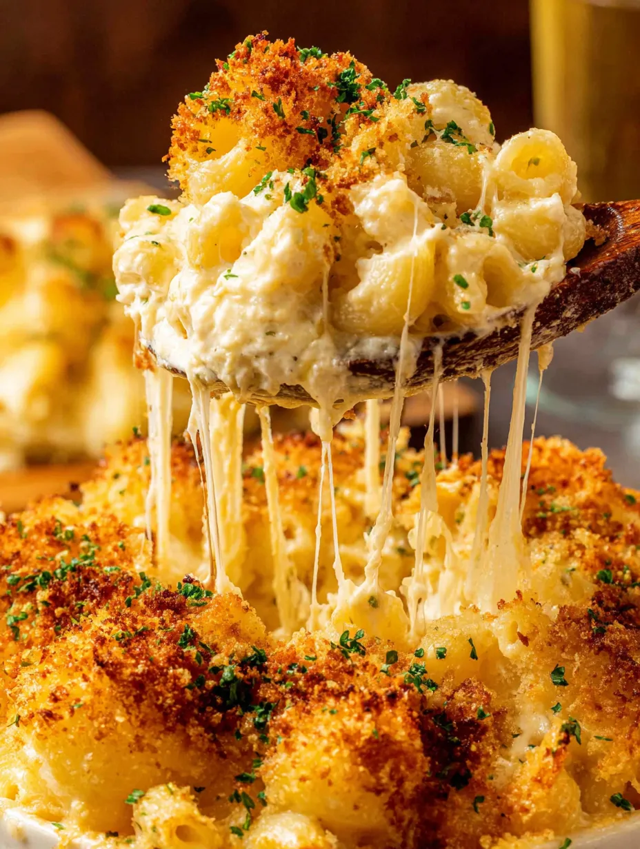 Eine Schüssel mit Macaroni und Käse, der in Strähnen hinkt.