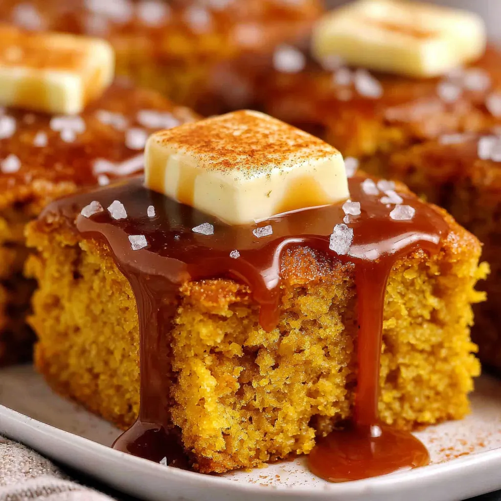 Ein weißer Teller mit einer süßen, karamellisierten, orangefarbenen Kuchenplatte, die mit Butter und Karamell sauert.