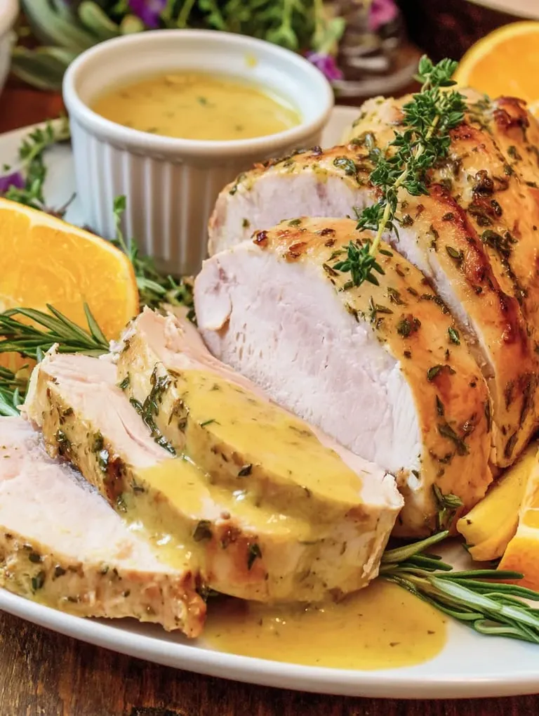 Ein Schinkenstück mit Sauce auf einem Teller.