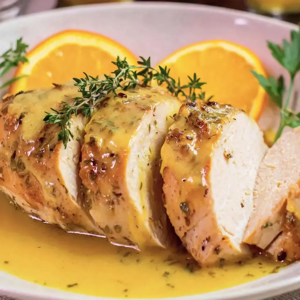 Ein weißer Teller mit gegrilltem Steak, garniert mit Zwiebeln und Orangenscheiben.