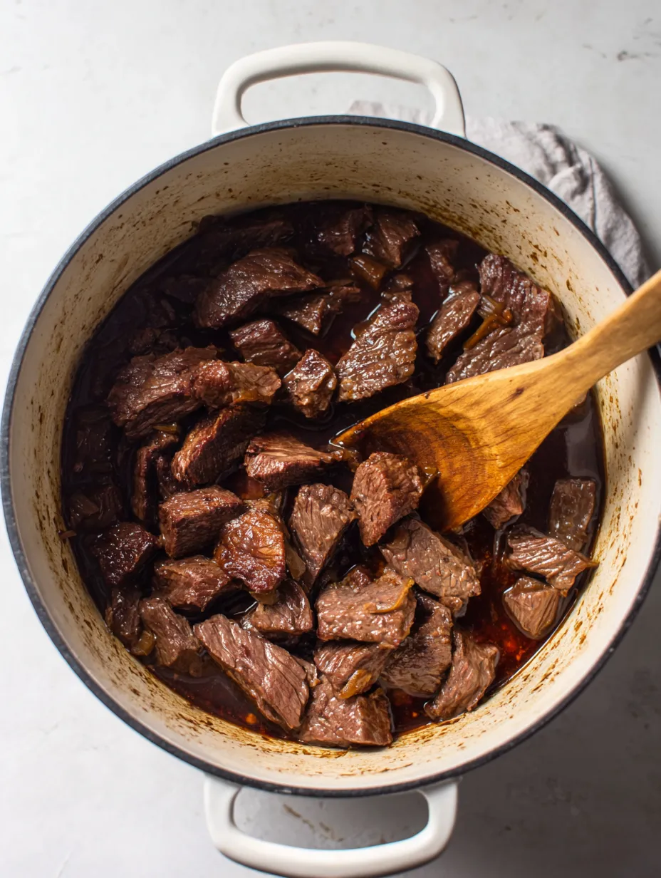 Ein Topf mit Fleisch in einer Sauce.