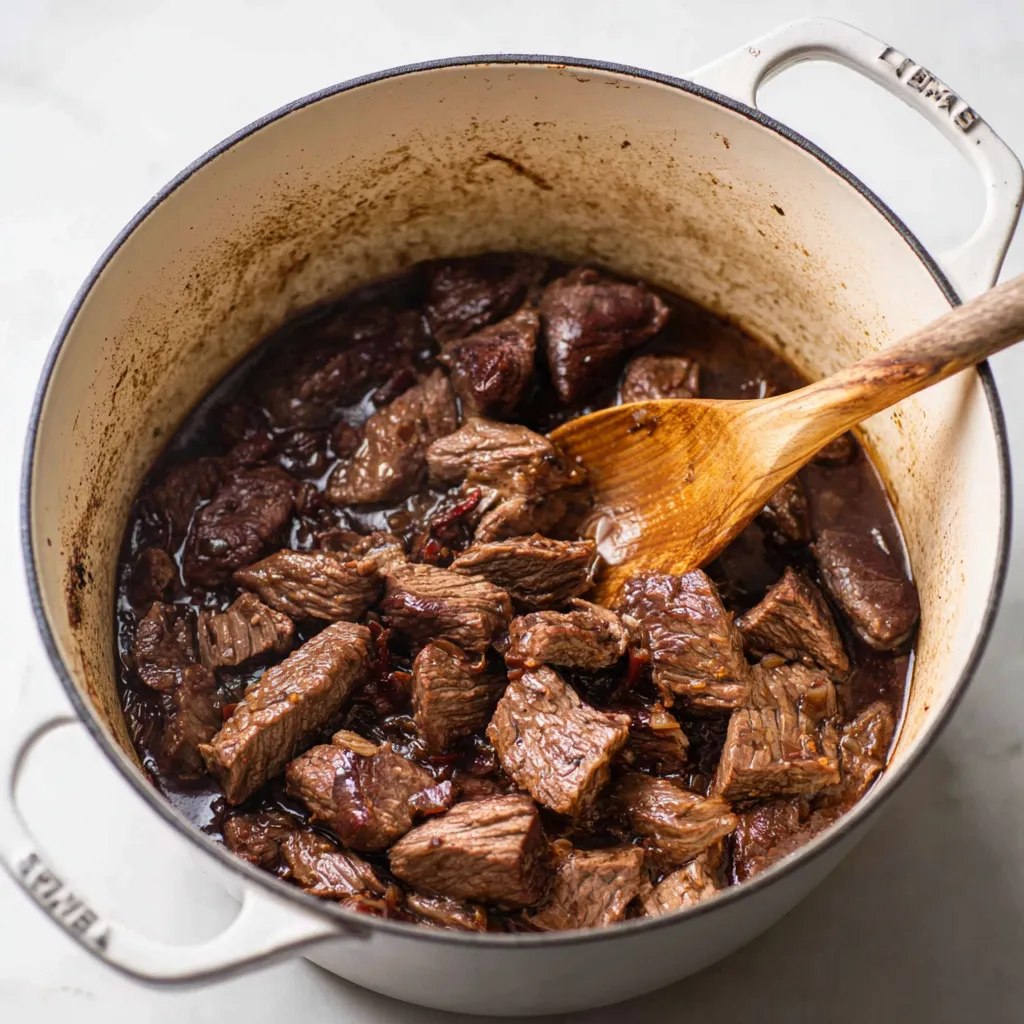 Ein Topf mit Rindfleisch in einem Tomaten-Saft.