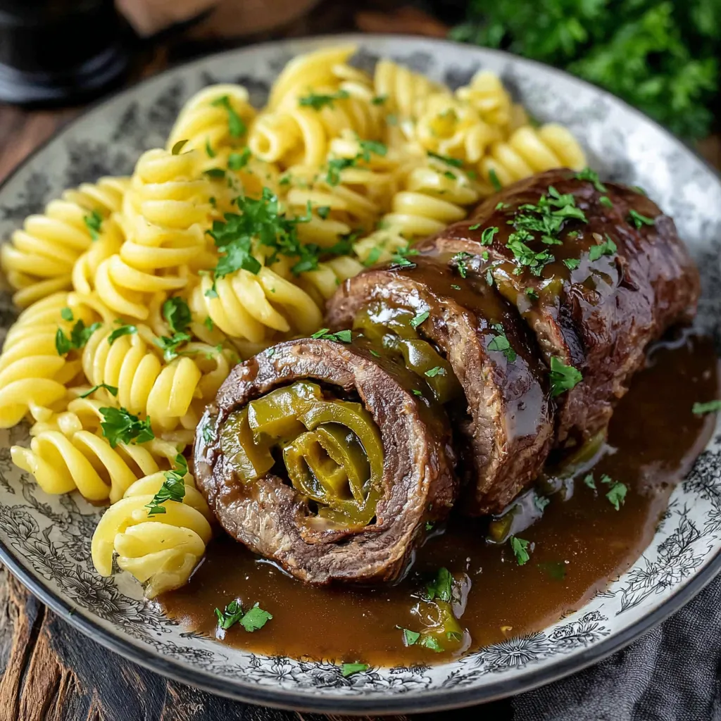 Ein Plate mit Pasta, Kartoffeln und Rindfleisch.