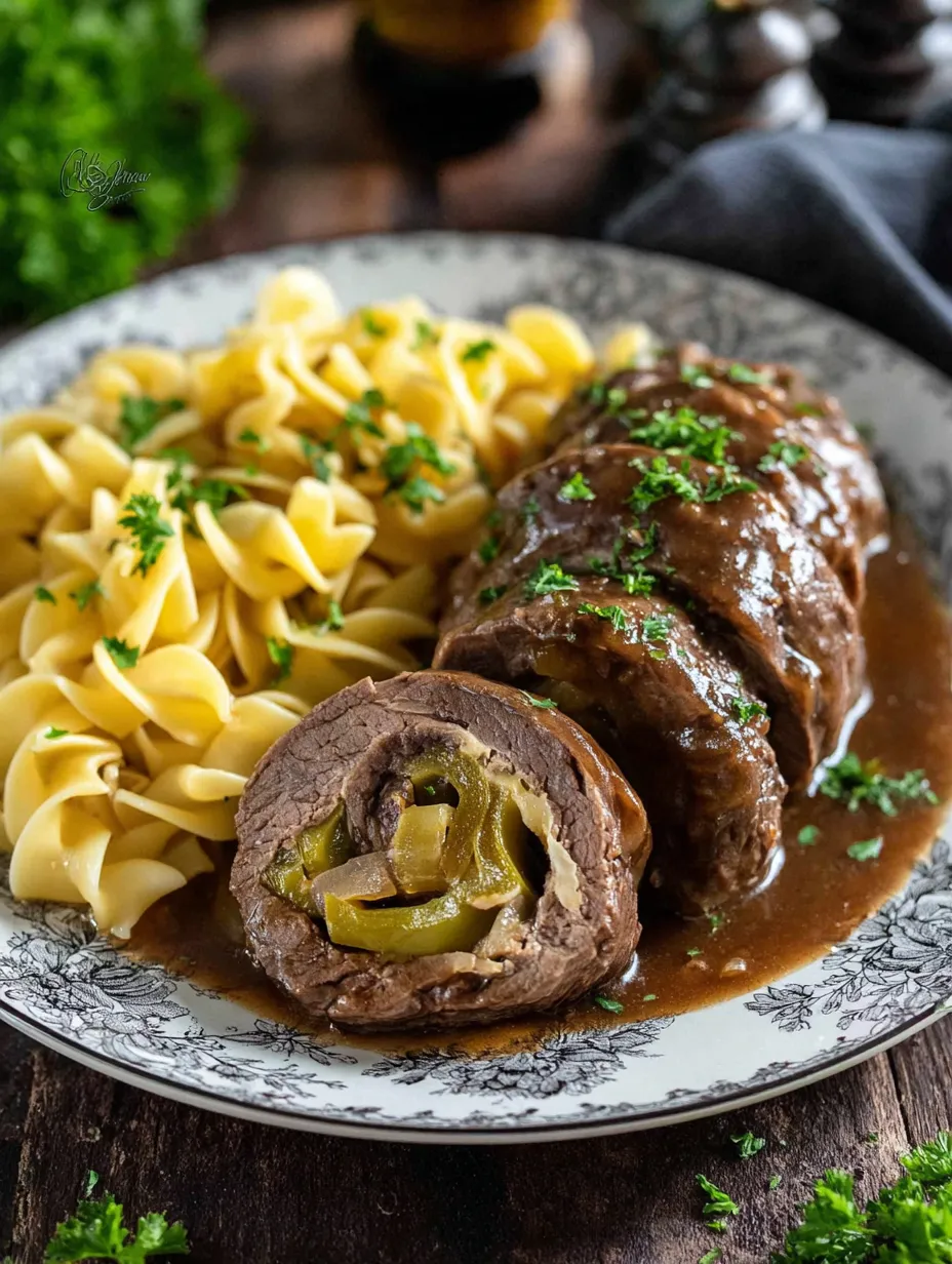 Ein weißer Teller mit Pasta, Fleisch und Zwiebeln.