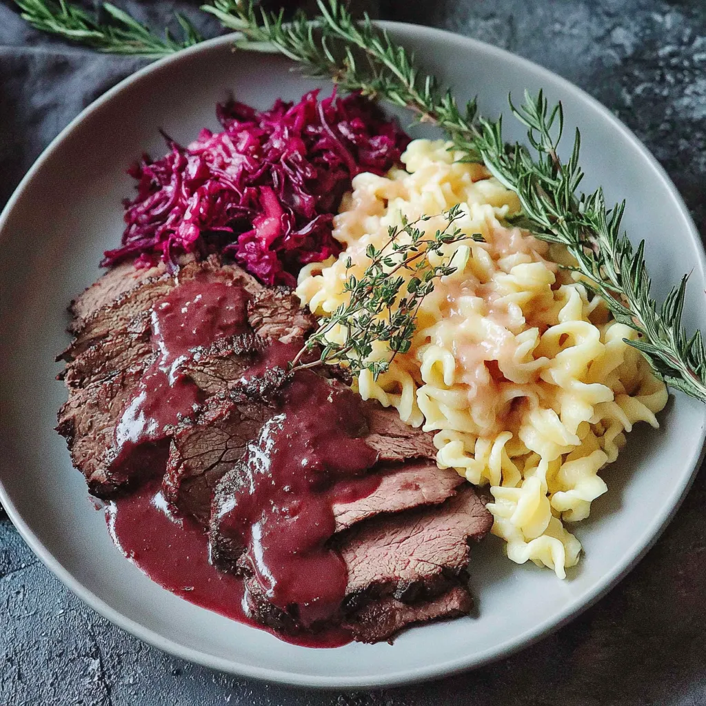 Ein Plate mit gegrilltem Fleisch, macaroni und sauce.