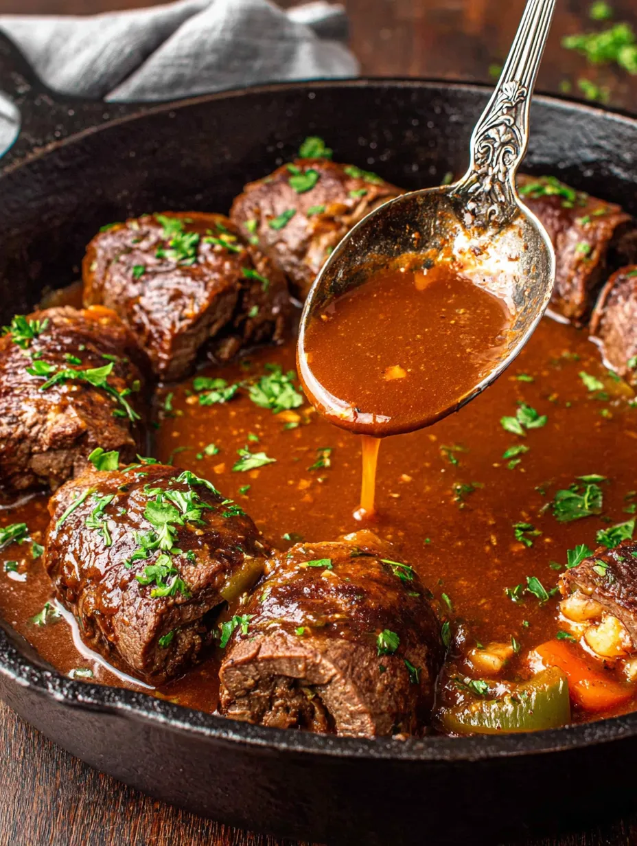 Ein schmackhaftes Steak-Gericht in einem schwarzen Topf mit einer Gabel, die in die Suppe taucht.