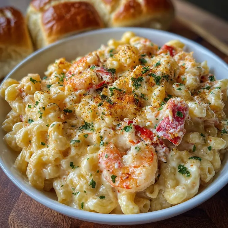 Ein weißer Teller mit macaroni und shrimp.