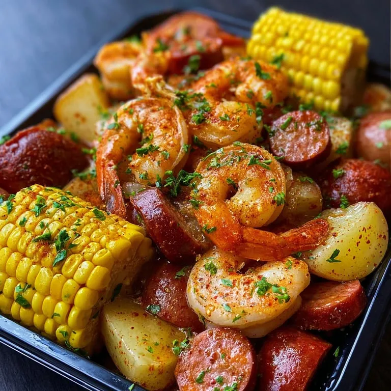 Ein Sch&auml;lchen mit gegrillten Shrimp, Kartoffeln, Korn, Tomaten und Zwiebeln.