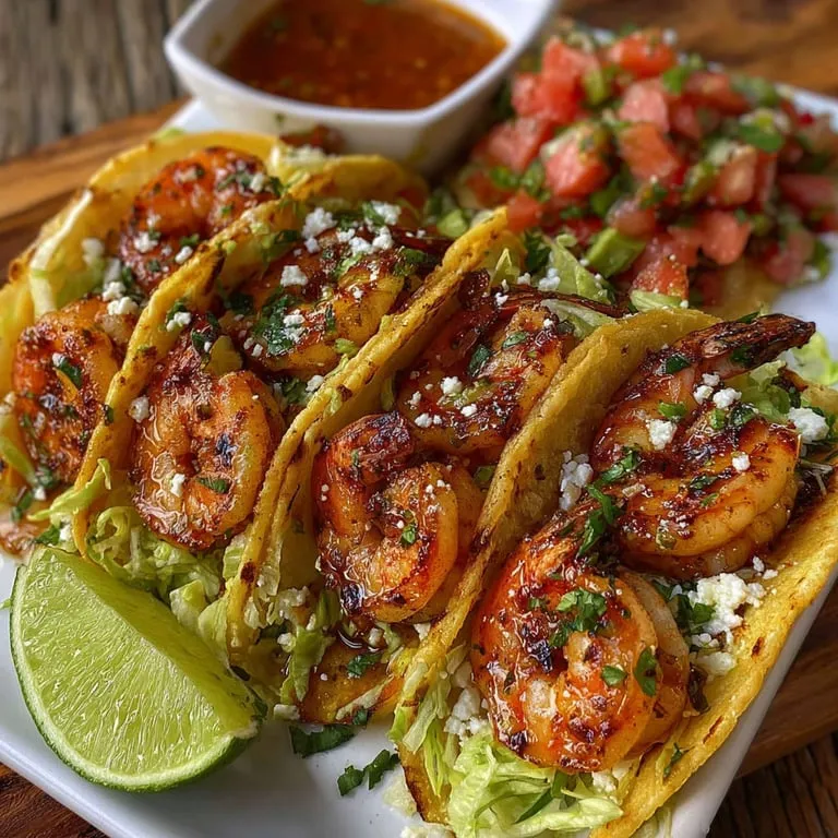 Eine Platte mit drei gegrillten Shrimp-Tacos und einer Tomatensalat.