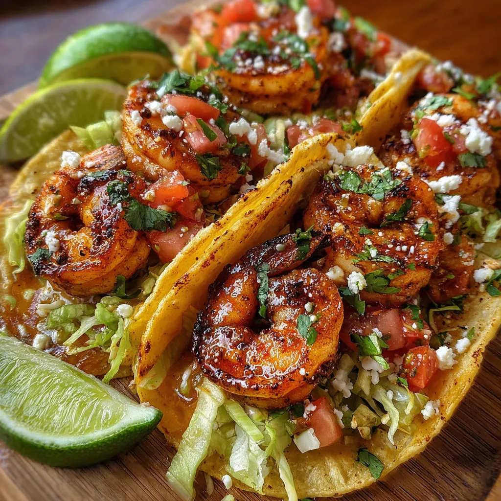 Eine Taco mit Shrimp, Tomaten, Lime und Basilikum auf einem Tisch.