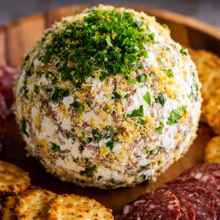 Eine Art von Käse mit grünen Zutaten auf einem Brett.