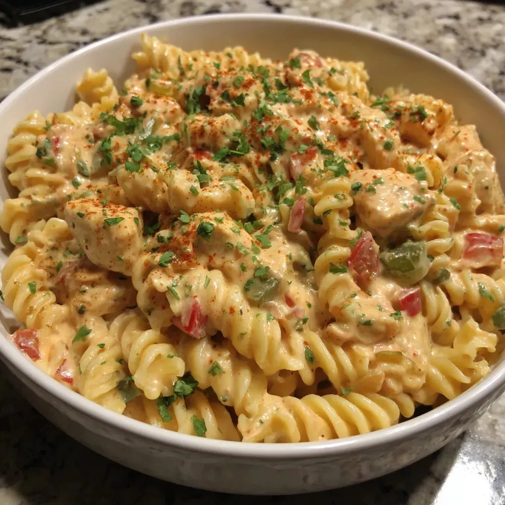 Ein wei&szlig;er Teller mit Pasta, Tomaten, Zwiebeln und K&auml;se.